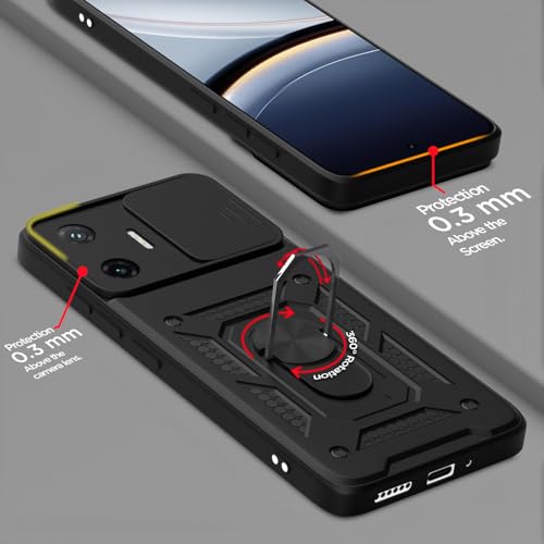 Image of Outlouders Back Cover for Poco F7 5G | D10 Tough Armor 360 Protection Case with Sliding Camera Shield & Ring Holder Stand Bumper Case (Black)