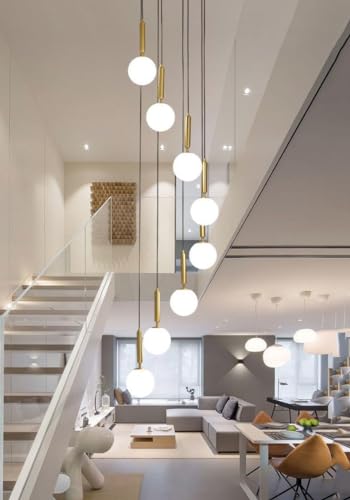 Lustre de teto alto de vidro leitoso dourado vintage de 9 luzes para hall de entrada, escada, lustre