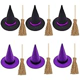 Vazhosid Mini Witch Hats and Broom Halloween Ornaments - Black and Purple Craft Decor Accessories for Party Supplies