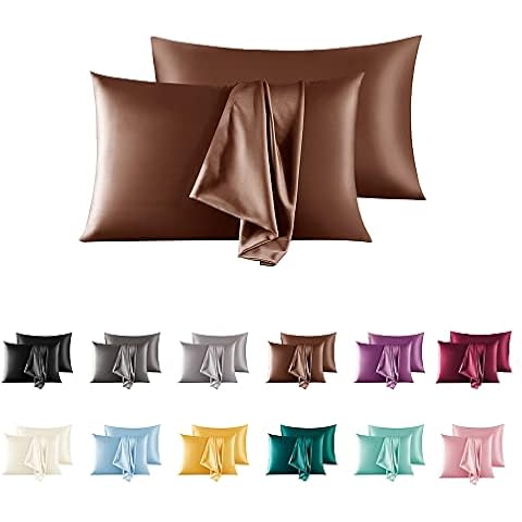 LorXun Satin Pillowcase,2 Pack Satin Pillow Cases for Hair and Skin,Soft Breathable Smooth Silk Pillowcase with Envelope Closure (Coffee, Standard(20"x26")) Cover