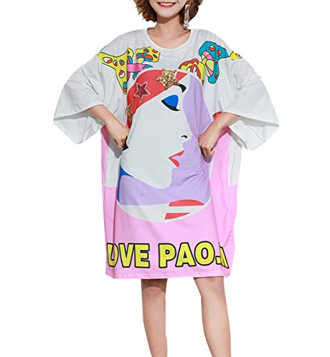 ellazhu Women's Casual Loose Cartoon Printed Tunic T-Shirt Midi Dress GA1433 White