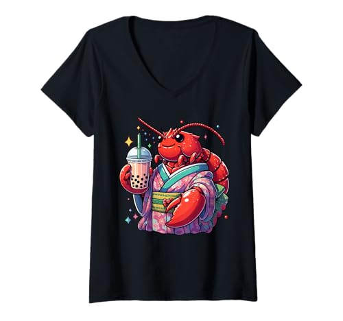 Mujer Langosta Bubble Boba Tea Anime Lindo Kawaii Camiseta Cuello V