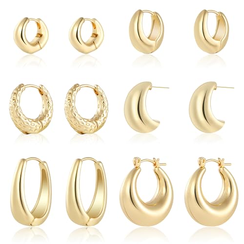Wgoud 6 Pairs Gold Hoop Earrings Set for Women, 14K Gold Plated Hypoallergenic Lightweight Chunky...