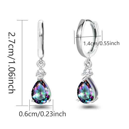 Hoop Earrings with Dangle Charm for Women Sterling Silver Small Mystic Rainbow Topaz Earrings CZ Quartz Teardrop Dangle Multicolor Pear Drop Huggie Earrings Gift for Wife Daughter Mother Birthday2