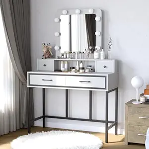 May in Color Makeup Vanity with 3 Color Dimmable Lighted Hollywood Mirror, Vanity Table with 4 Drawers for Women Girls, Dressing Desk for Bedroom, Beauty Room, White