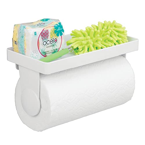 Mdesign Wall Mount Plastic Paper Towel Roll Holder And Dispenser With Shelf - Storage And Organization For Spice Bottles, Glass Jars, Salt, Pepper - For Kitchen, Utility/Laundry Room, Garage - White #TOP4