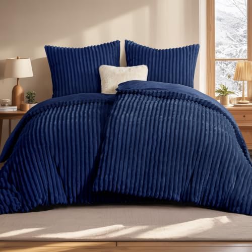 Aisbo Winter Warm bettwäsche 135x200 4teilig Dunkelblau - Cord Flauschige Flanell Winterbettwäsche Plüsch Teddy Fleece Cashmere Touch Bettbezug 2er Set und 2 Kissenbezüge 80x80 cm