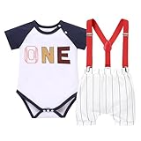 IBTOM CASTLE Baby Boy First Birthday Outfit Boy Baseball Clothes One Year Old Romper+Striped Short+Suspenders Navy Blue 1T