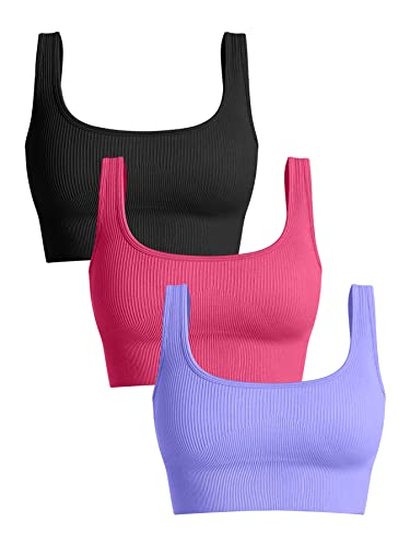 Oqq Women's 3 Piece Medium Support Tank Top Ribbed Seamless Removable Cups Workout Exercise Sport Bra Black Coral Purple #TOP29