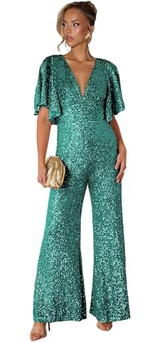 MEIDAOLELAI Sequin Formal Jumpsuits with Sleeves Teal Wide Leg Pants
