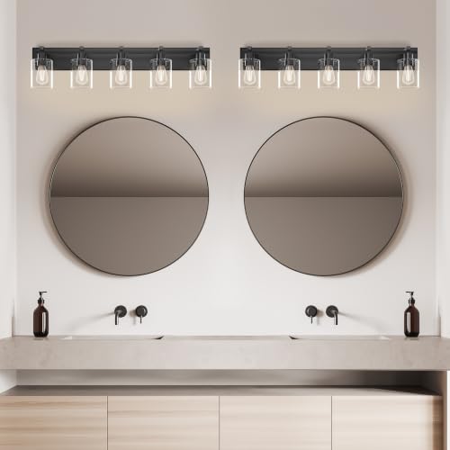 Image of 5-Light Bathroom Light Fixtures, Bubble Black Modern Vanity Lights with Clear Glass Shade, Wall Sconce Lighting for Mirror Kitchen Living Room Hallway Cabinet Porch