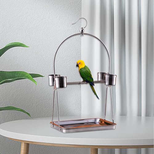 Bird Perch Stand Parrot Stand Portable 4 Feeding Cups Desktop Bird Stand Parrot Playstand for Cockatiels Lovebird Parakeet, 35 x 30 x 65cm