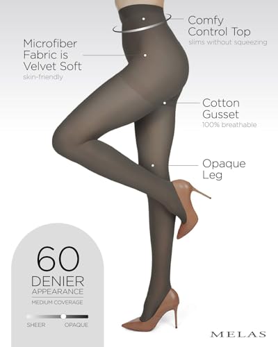 Image of Melas 6-Pack Women's Tights, 60 Denier, Opaque, Microfiber Control Top Tights, Soft & Durable - Sizes XS to Q2