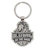 Christian Art Gifts Inspirational Scripture Keychain for Men & Women: Strong in the Lord Encouraging Bible Verse Lion Theme, Stylish Sturdy Metal Stamped Keyring Fashion Accessory, Silver & Black