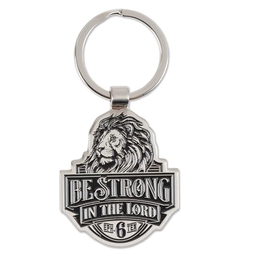 Christian Art Gifts Inspirational Scripture Keychain for Men & Women: Strong in the Lord Encouraging Bible Verse Lion Theme, Stylish Sturdy Metal Stamped Keyring Fashion Accessory, Silver & Black