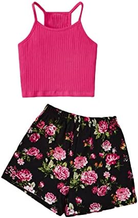OYOANGLE Girl's 2 Piece Outfits Summer Sleeveless Cami Crop Tank Top and Shorts Hot Pink and Black 7Y