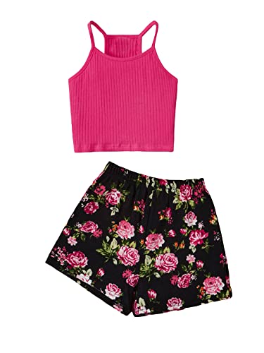 Oyoangle Girl's 2 Piece Outfits Summer Sleeveless Cami Crop Tank Top And Shorts Hot Pink And Black 7Y #TOP1