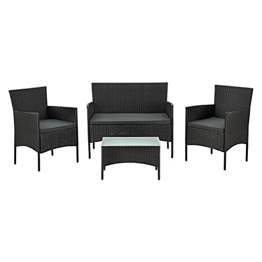 Juskys Ensemble de Meubles en polyrotin Fort Myers 4 Personnes avec canapé 2 Places, 2 chaises, Table et Coussins d'assise mobilier de Jardin r- Couvertures Noires et Gris foncé, Milieu