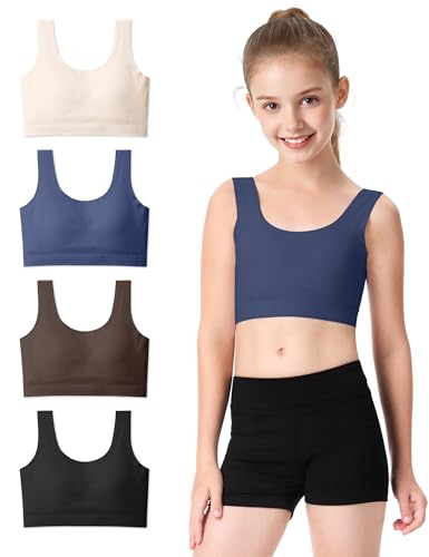 BOOPH Girls Training Bras Kids Seamless Bras Longline Crop Fixed Pads Bra Chest Double Lined for Teen Girl Sports - Skin Navy Black Brown 12-14Y