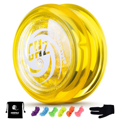 YOSTAR JoJo D1 GHZ - Yoyo para niños con purpurina, fácil de jugar Jo Jo para niños y principiantes, plástico duradero para trucos 2a, con 6 cuerdas extra, guante, bolsa (amarillo)