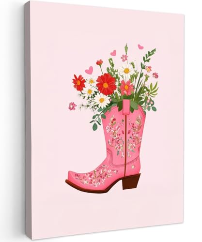 MuchoWow© Impression sur Toile Decoration Murale Peinture 60x80 cm Tableaux Decoratifs Muraux Déco Chambre Tableau Salon Bottes de cow-boy - Rose - Bouquet -...