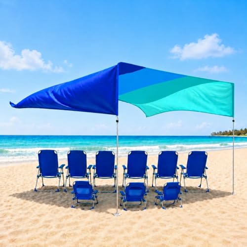 MillionShades® Beach Shade Canopy – No Ropes, No Sandbags, Quiet in Wind, 14x14 ft Wind-Propelled® Beach Shade Sail, UPF 50+, Grande for 10+ People