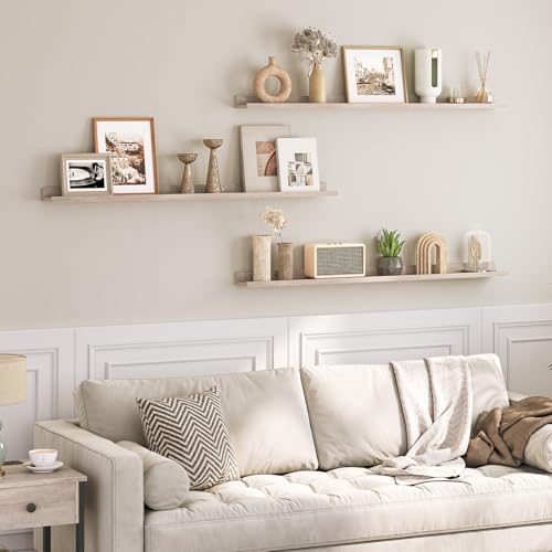 Image of HOOBRO Floating Shelves, Wall Shelf Set of 3, 47.2 Inches Hanging Shelf with Raised Edge and Invisible Brackets, for Bathroom, Bedroom, Kitchen, Office, Living Room Decor, Greige BG92BJ01