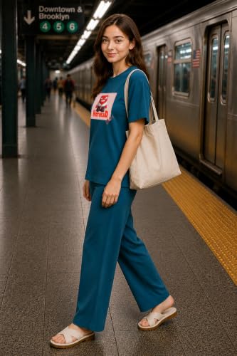 Image of ELVIA Women's Pure Cotton Top and Pyjama Co-Ord Set | Hot Head Graphic Printed Night Suit | Regular Fit Half Sleeve Round Neck T-Shirt with Pajama Loungewear Sleepwear Set for Women