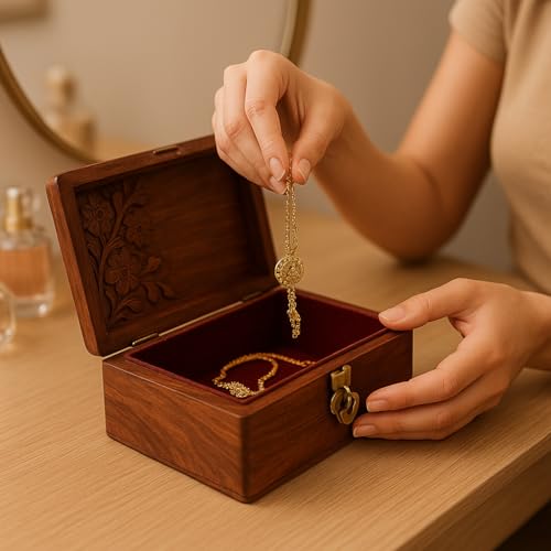 Image of Craft Expertise Wooden Jewelry Box with Brass Engraving Design | Handmade Wooden Jewellery Organizer Box for Rings, Earrings & Necklace Storage | Decorative Box for Women & Gift | 6 x 4 x 2.25 Inches