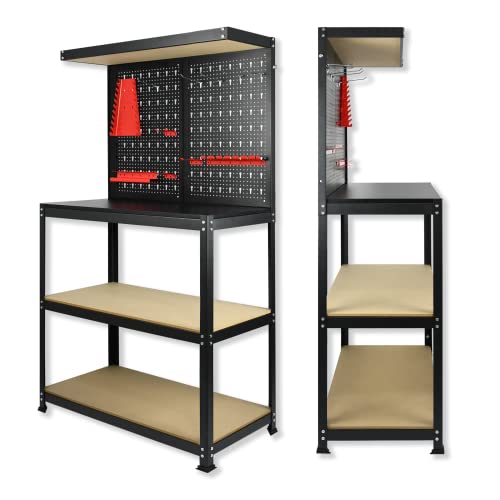 Froadp Werkbank Werkstatt aus Stahl mit Lochrückwand Organizer Werktisch Montagetisch Werkstattwand Werkzeugschrank mit Doppelboden Ablagefächer für Lager Werkstätten Garagen Keller (81x41x155cm) Cover