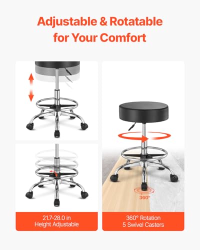 Image of VEVOR Rolling Stool with Foot Rest and Wheels, 450 LBS Weight Capacity Round Rolling Stool Chair, Height Adjustable Thickened PU Leather Swivel Stool for Salon, Spa, Massage, Tattoo, Clinic, Black