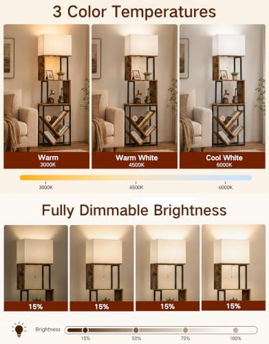 Image of 5-Tier Floor Lamp with Shelves & Remote, Dimmable S-Shaped Tree Bookshelf with 3 Color Temperatures, 1-Hour Timer, Tall Corner Standing Lamp for Living Room, Bedroom, Office(Rustic Brown)