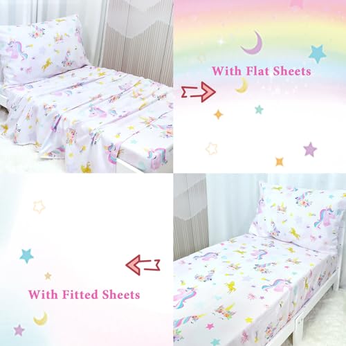 Image of Toddler Bedding Sets for Girls, Unicorn Toddler Crib Bedding Set 4 Piece Pink Floral Toddler Comforter Set Includes Flat Top Sheet, Fitted Sheet, Comforter, Envelope Pillowcase, Soft & Comfort