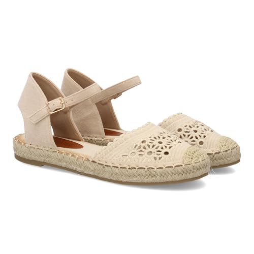100561 Alpargata plana de mujer con diseno troquelado decorativo, estilo artesanal. Suela de yute comoda y ligera, pulsera trasera con cierre ajustable de hebilla. Ideal para verano. Beige Talla 37