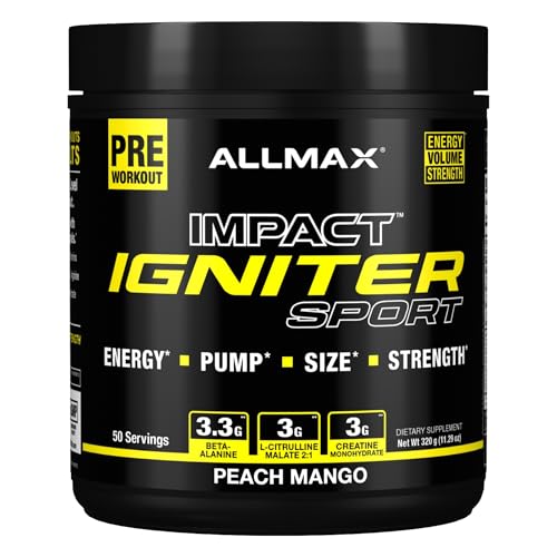 Image of ALLMAX IGNITER Sport, Peach Mango - 320 g - Pre-Workout Formula - with Caffeine, L-Citrulline, L-Arginine, Creatine & Beta Alanine - Up to 50 Servings