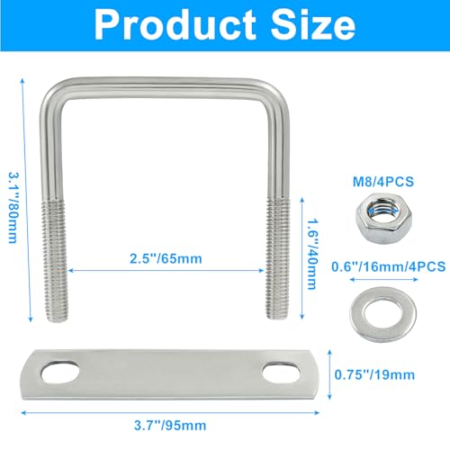 Image of 2 Stainless Steel Square U-Bolts, Inner Width 2.5 inch(65mm), Length 3.1 inch(80mm), M8 304 Stainless Steel with Frame Plates and Nuts for Light Industry, Metallurgy, Construction, Shipping