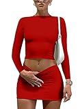 LAGSHIAN Women Sexy 2 Piece Outfits Long Sleeve Crop Top Bodycon Mini Skirt Club Suits Dress Red