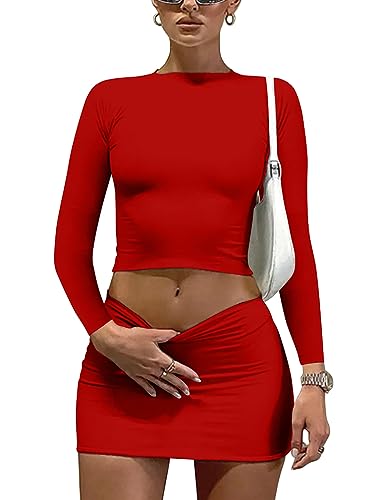 Image of LAGSHIAN Women Sexy 2 Piece Outfits Long Sleeve Crop Top Bodycon Mini Skirt Club Suits Dress