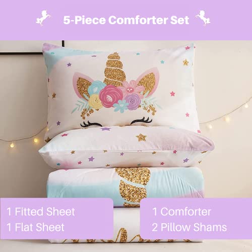 Cokouchyi Twin Comforter Set For Girls, 5-Piece Bed In A Bag, 3D Colorful Unicorn Bedding Comforter Sheet Set, Ultra Soft And Fluffly, Pink & Rainbow Color #TOP3
