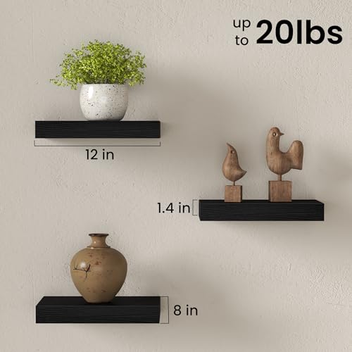 Image of Fun Memories 12 Inch Floating Shelves for Wall Set of 3, Wood Grain Bathroom Shelves with Invisible Brackets, Easy Install Wood Storage Shelves for Kitchen, Living Room, Bedroom, Black