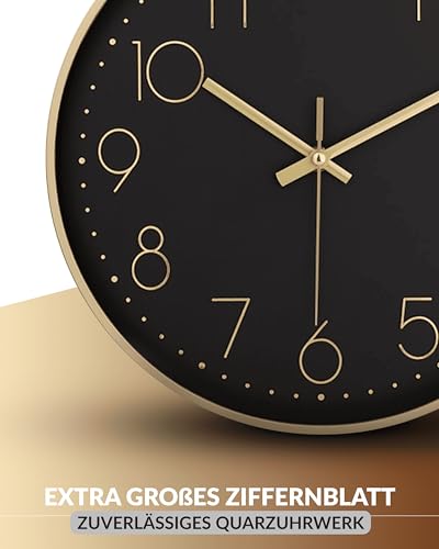 Horloge murale 30 cm silencieuse sans tic-tac noir et doré