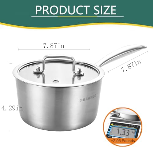 Image of DELARLO Whole Body Tri-Ply Stainless Steel 3 Quart Saucepan with Lid, Oven Safe 600℉, Heavy Duty Saucier Pan 3 Quart, Fast and Even Heat, Kitchen and Dining Sauce Pot, Induction Pot(Lids 300℉)