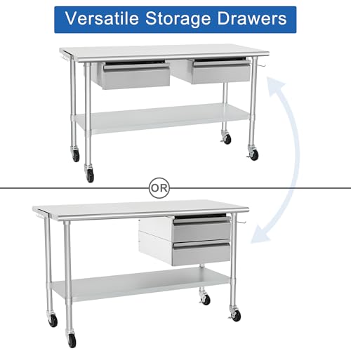 HARDURA Stainless Steel Table with 2 Drawers & Casters, Metel Prep Table with Hook, Tissue Holder and Undershelf 24x60 Inches for Commercial Kitchen Prep by HARDURA Restaurant Equipment - Image 3