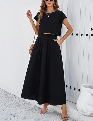 Image of HangNiFang Summer Skirt Sets Women 2 Piece Outfits Cap Sleeve Top Elastic Waist Maxi Dress Sets with Pockets