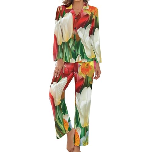 Pyjama femme imprimé tulipes : ensemble deux pièces boutonné à manches longues