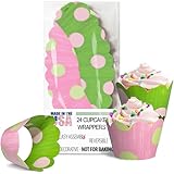 Cupcake Wrappers - Pink, Green Polka Dot Wedding, Bridal & Baby Shower, Preppy Golf Tennis Country Club Birthday Party Supplies, Watermelon Bubble Gum 80s Colorful Reversible Dessert Wraps (24 Count)