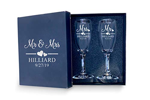 Mr and Mrs Wedding Toasting Champagne Flutes with Box Set of 2 Glasses With Black Box Laser engraved Tosting Flutes Engraved Personalized Glasses for Bride and Groom