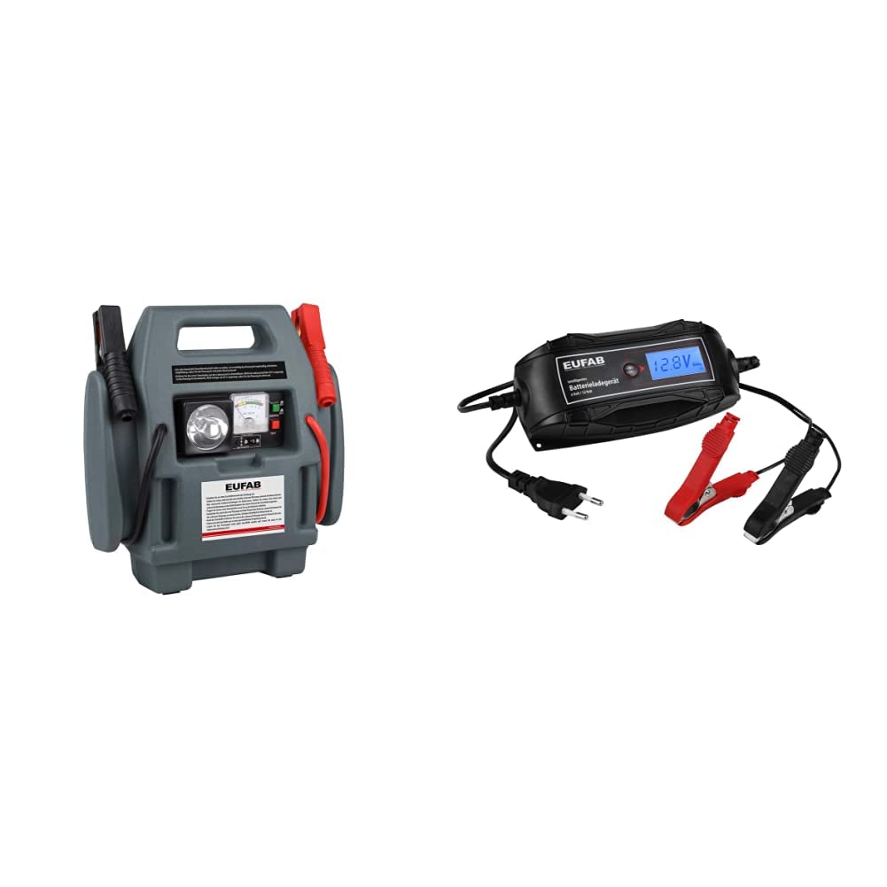 EUFAB 16643 Powerpack, Starthilfe, mit Kompressor, 7Ah & 16615 Intelligentes Batterieladegerät, 6/12 V, 4 A