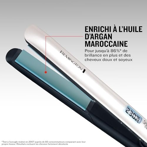 Remington Lisseur Cheveux [Soin Brillance & Douceur] Shine Therapy (Plaques slim, Céramique, Soin huile d'argan marocaine & vitamine E, Ecran LCD, 150-230°C) Fer à Lisser S8500