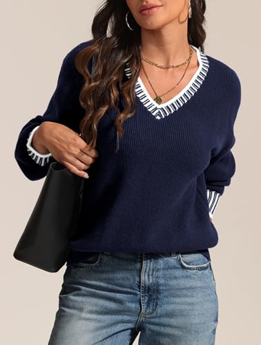 ATHMILE Womens Sweaters V Neck Long Sleeve Contrast Knit Casual Pullover Fall Winter Outfits Cute Tops 2026 Navy Blue — view 5